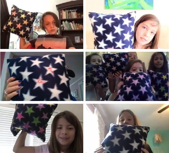 Grid of six images with clients holding up star-patterned pillows